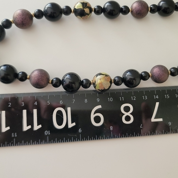 Vintage Necklace Handpainted Japan Black Purple Floral Necklace #581 - Picture 11 of 12
